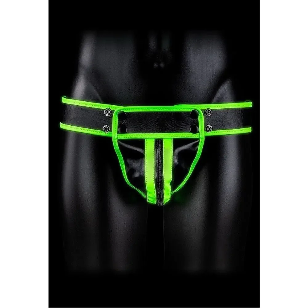 🦋B2G1🦋OUCH! Glow in the Dark NEON GREEN Bonded Leather Striped JOCK STRAP | S/M